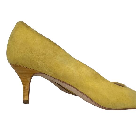 Nine West Heels Women’s 7.5 Xeena Yellow Suede Kitten Pumps Pointy Toe Slip On - Picture 2 of 16